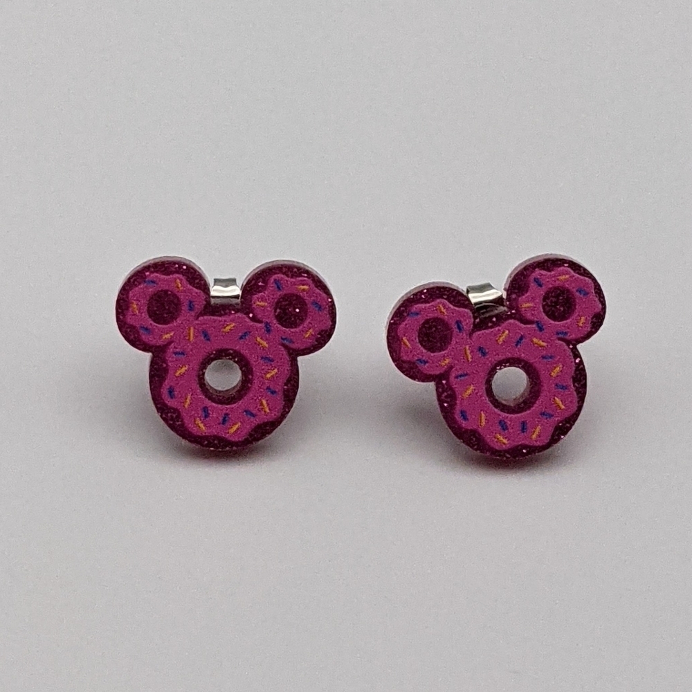 Mickey Mouse pink glitter donut stud earrings - Picture 3 of 6
